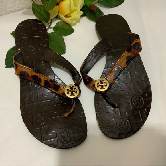 Tory Burch Leather Thong Leopard Animal Print Sandals 7 - Picture 9 of 12